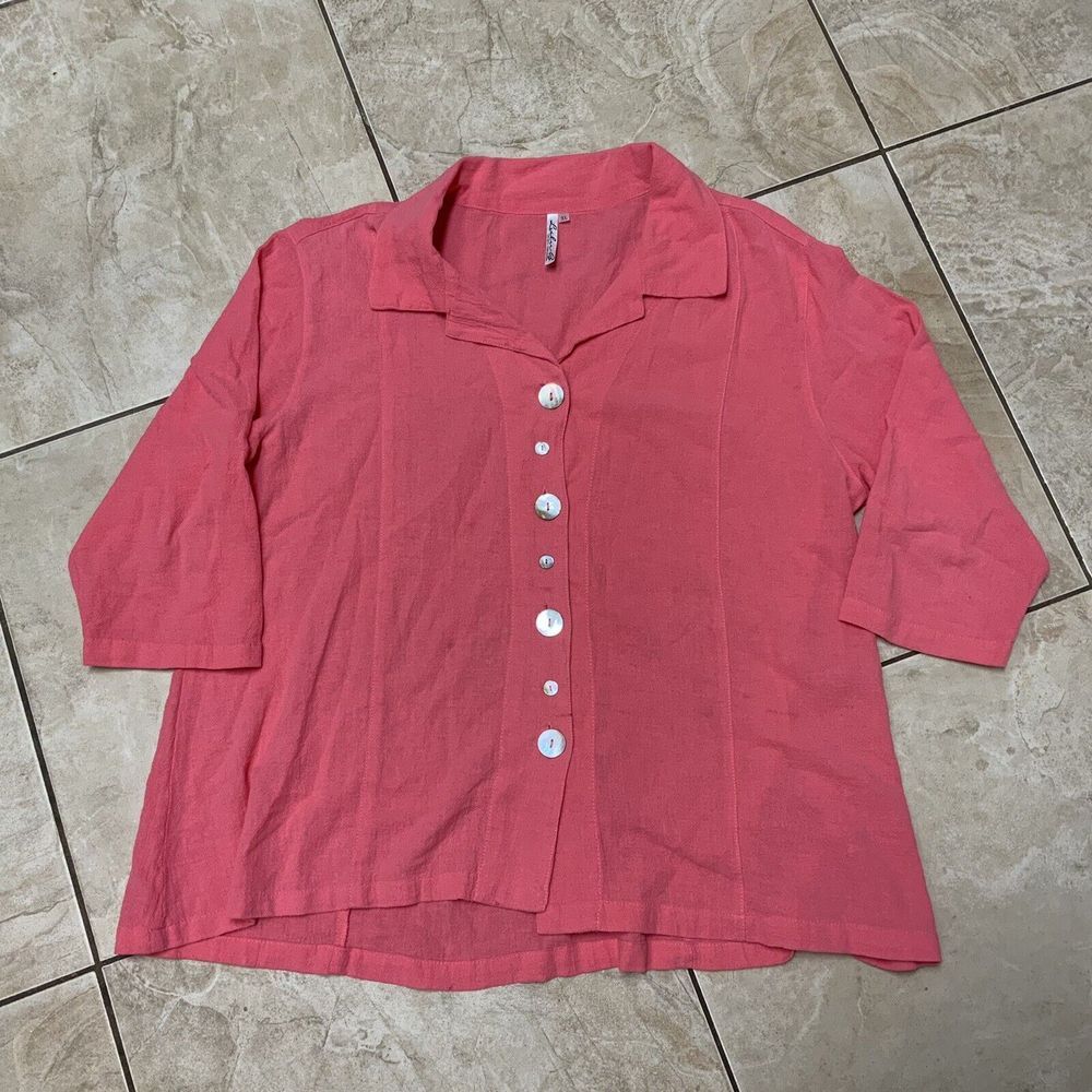 Lulu-B Sz XL Coral Textured Button Up Blouse Shell Buttons 3/4 Sleeve Lagenlook
